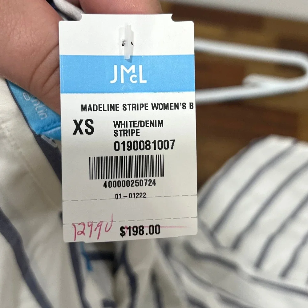 J Mclaughlin Madeline Stripe Shirt XS NWT $198 Silk Rayon Stripe White Blue - Picture 5 of 7